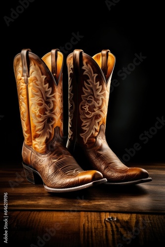 Fancy pair of handmade leather cowboy boots on black background