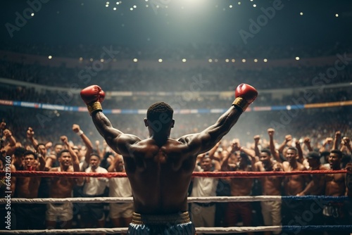 Rear view of a boxer in red boxing gloves standing in front of a crowd of people at a boxing ring