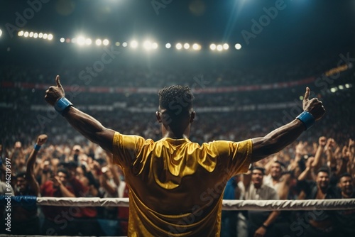 Rear view of a boxer in red boxing gloves standing in front of a crowd of people at a boxing ring