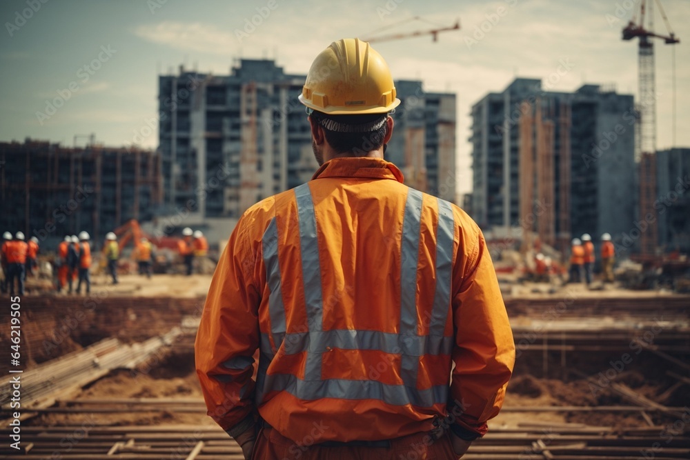 Rear view of civil engineer looking at construction site with building under construction Rear view of civil engineer looking at construction site with building under construction