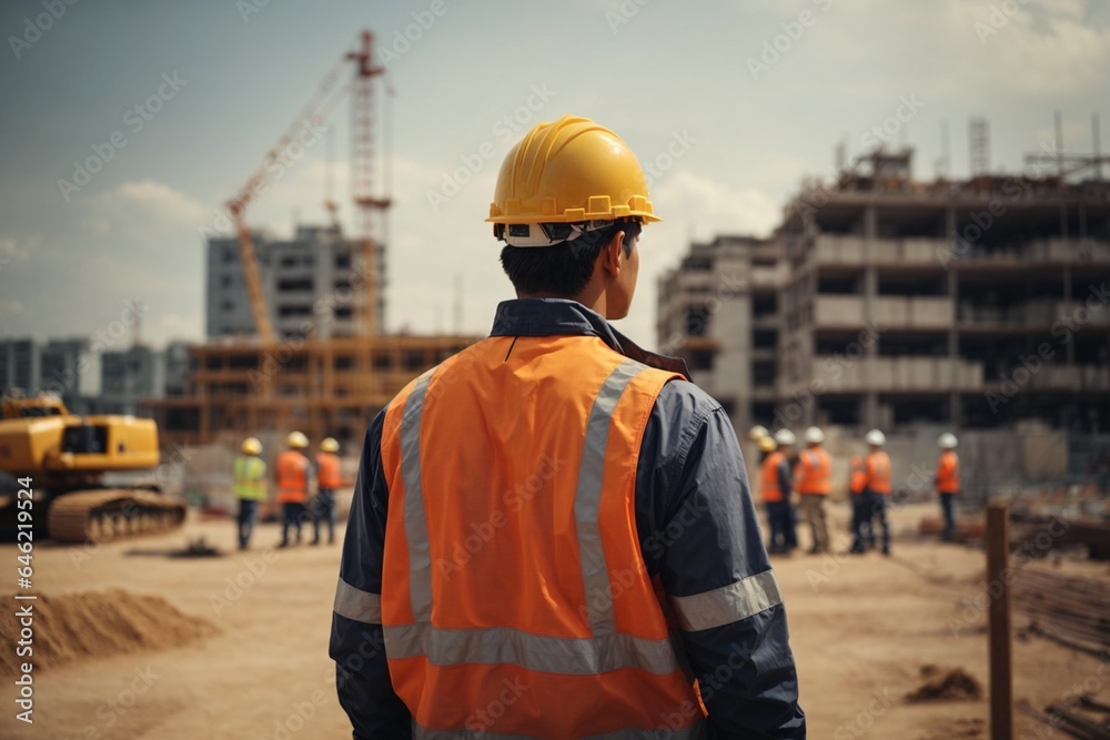 Rear view of civil engineer looking at construction site with building under construction Rear view of civil engineer looking at construction site with building under construction