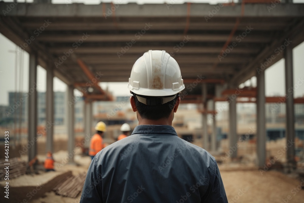 Rear view of civil engineer looking at construction site with building under construction Rear view of civil engineer looking at construction site with building under construction