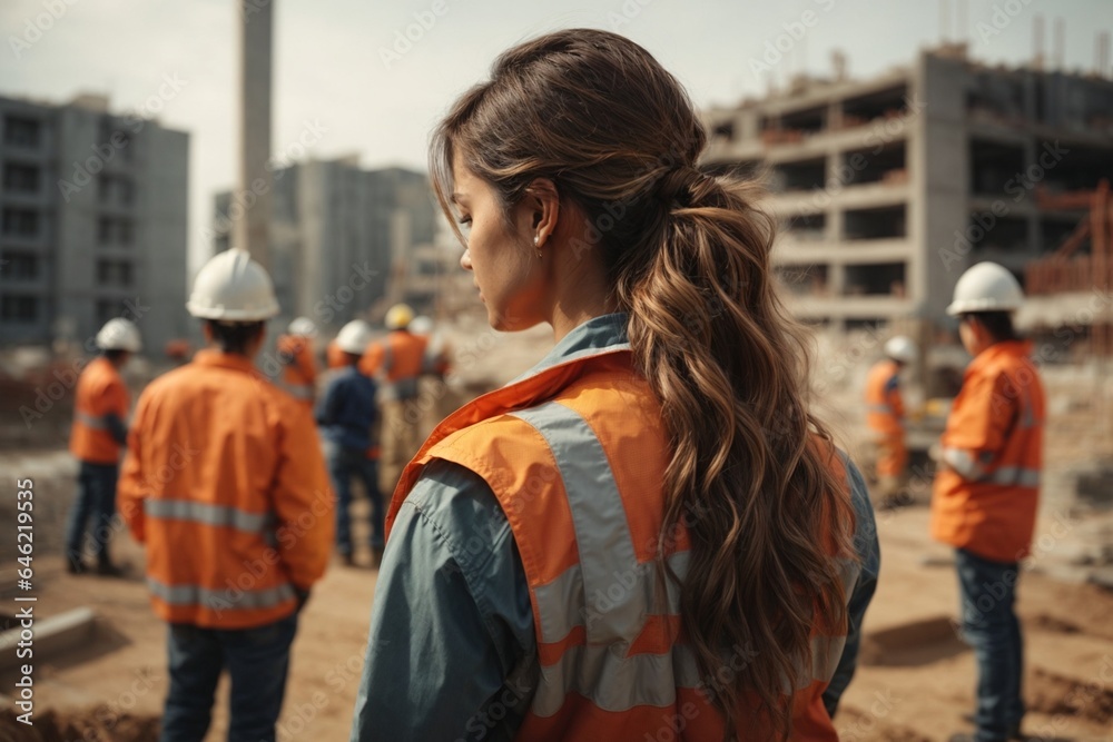 Rear view of engineer looking at construction site with building under construction