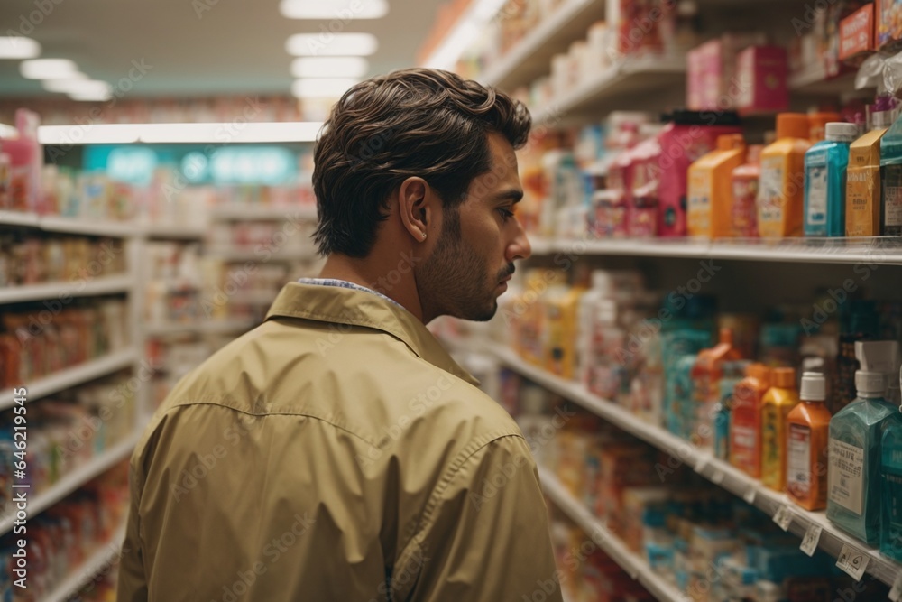 Rear view of a man looking at shelves in drugstore