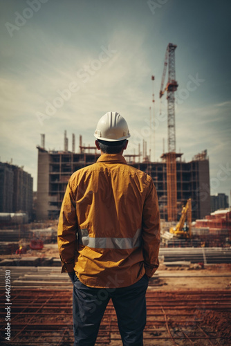 Rear view of civil engineer looking at construction site with building under construction