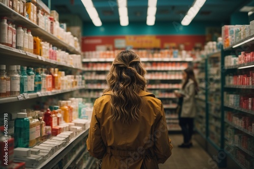 Rear view of woman looking at shelves with medicines in drugstore