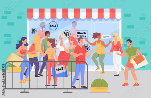 Crowd of people in front of store vector illustration. Excited customers waiting for shop opening at entrance, sale and discount banners on glass. Black Friday, shopping, business concept