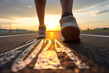 new year 2024 concept, athlete preparing to start walking or running in the road, beginning idea, sunrise time