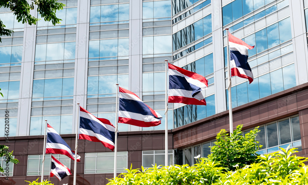 Thailand flag pole in front of building - obrazy, fototapety, plakaty 