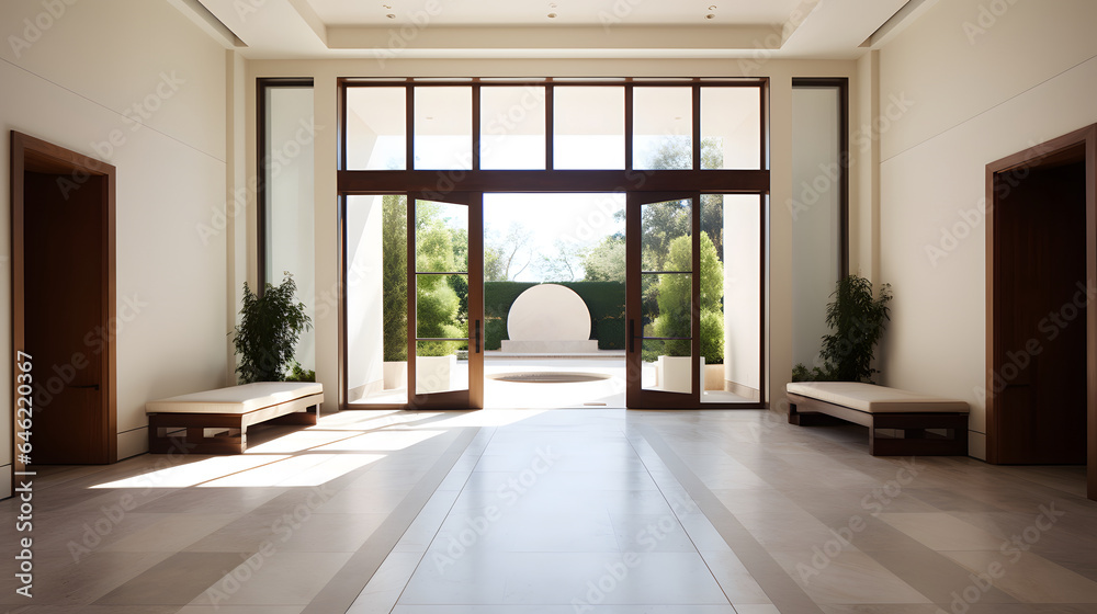 Fototapeta premium Large modern interior space; backyard foyer