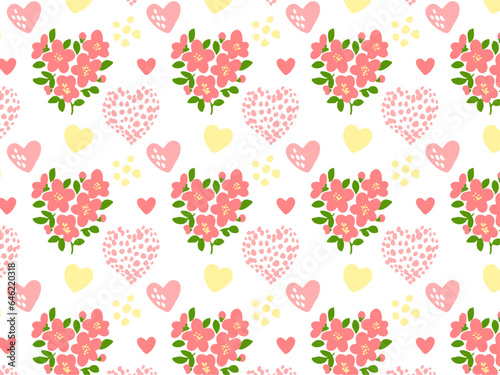 手描きのピンクの花のブーケとハートのシームレスパターンイラスト