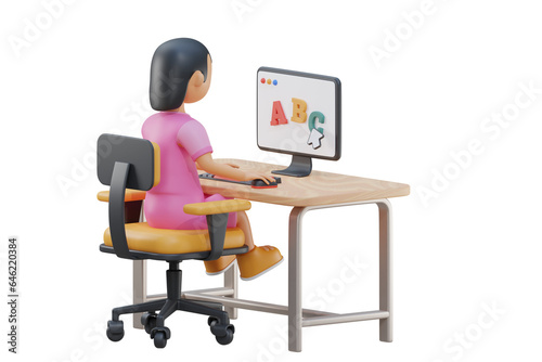 Cute little kid use computer to study internet 3d Illustration
