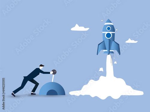 Start your own business, launch success rocket or entrepreneur, startup project or boost company growth, invention concept, ambitious businessman entrepreneur push switch to launch rocket into sky.