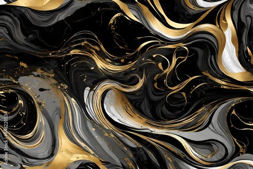 Abstract marble marbled ink painted painting texture luxury background banner - Black gray swirls gold painted splashes