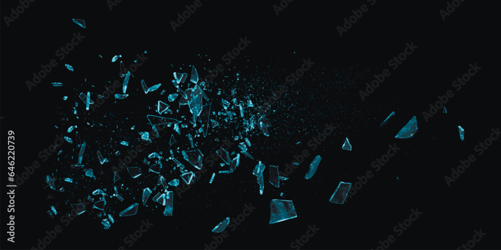 Broken blue glass on the black bachground. Isolated realistic cracked glass effect.. Vector illustration