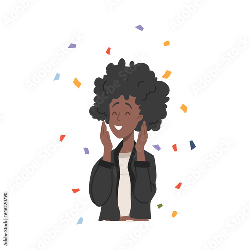 Surprised african american woman smiling cheerfully, flat vector isolated.