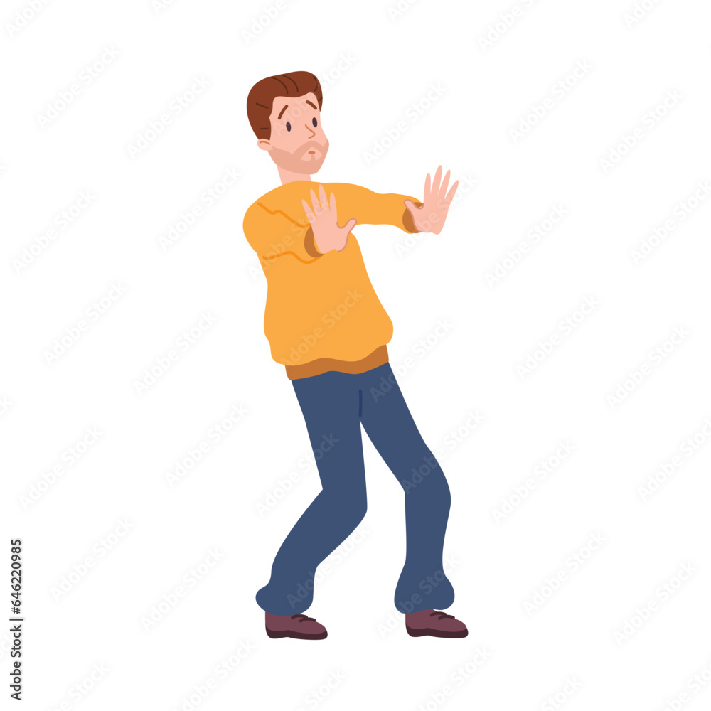 Surprised man leans back with arms outstretched flat style, vector illustration Surprised man leans back with arms outstretched flat style, vector illustration