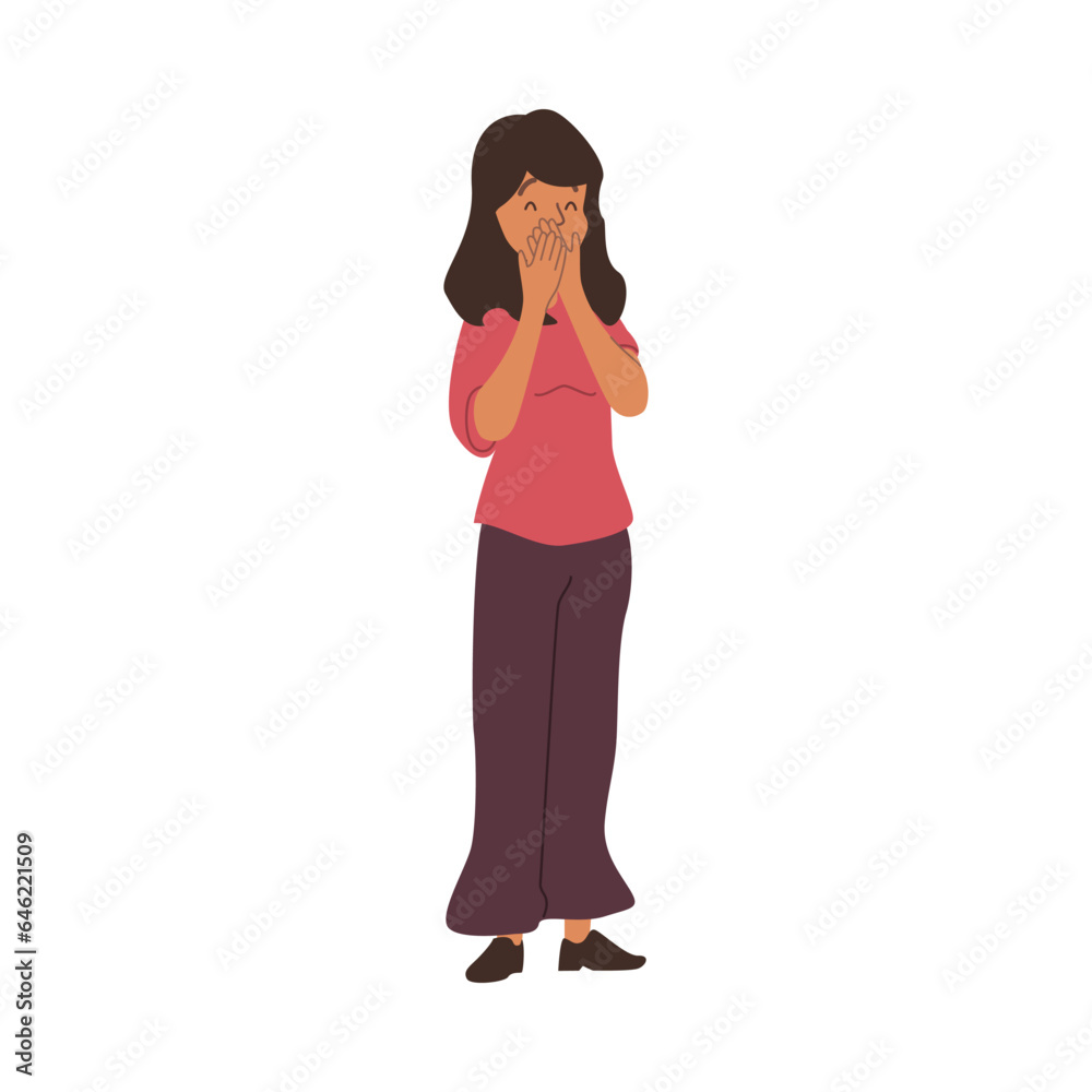 Surprised woman covers mouth with hands flat style, vector illustration Surprised woman covers mouth with hands flat style, vector illustration