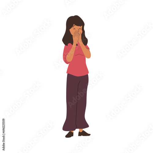 Surprised woman covers mouth with hands flat style, vector illustration