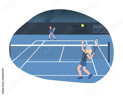 Tennis tournament banner with players on court flat vector illustration isolated.