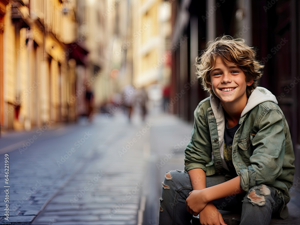 Fototapeta premium Smiling Modern American Boy, An Outdoor Portrait