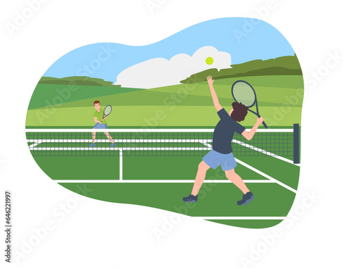 Lawn tennis court with players for banners and posters, flat vector isolated.
