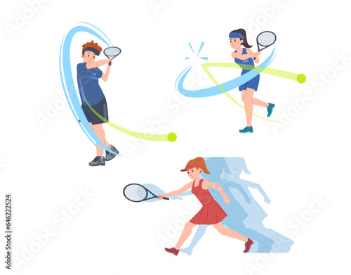 Male and female tennis players characters, flat vector illustration isolated.