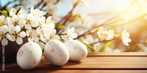 Easter eggs with blossom flower and sunny day on wooden table