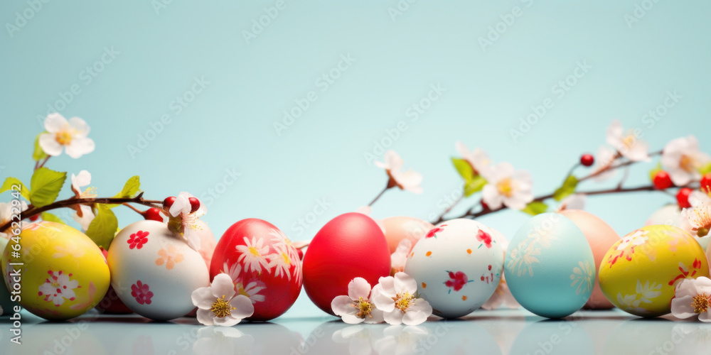 Colorful Easter eggs with spring blossom flowers on soft blue background.