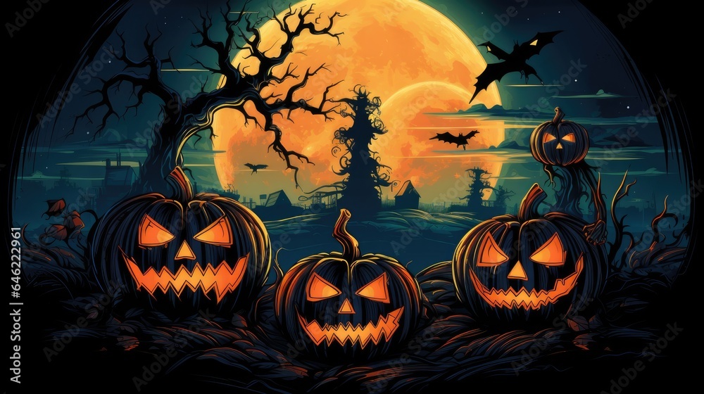 Three halloween Jack O' Lantern pumpkins under the moonlight. dark night forest full moon. halloween abstract background. 