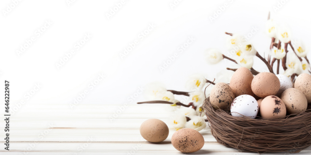 Easter pastel eggs in a decorative nest on a light wooden background