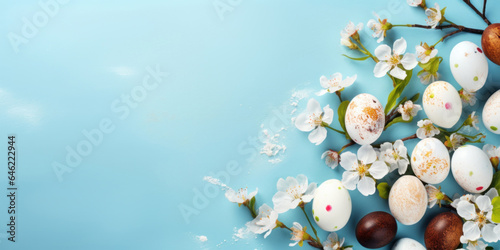 Colorful Easter eggs with spring blossom flowers on soft blue background. Top view