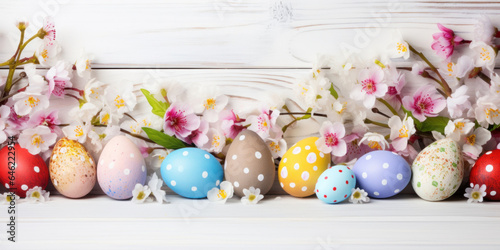 Colorful Easter eggs with spring blossom flowers over white wooden background