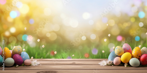 Wooden table with easter eggs and blurred spring meadow background