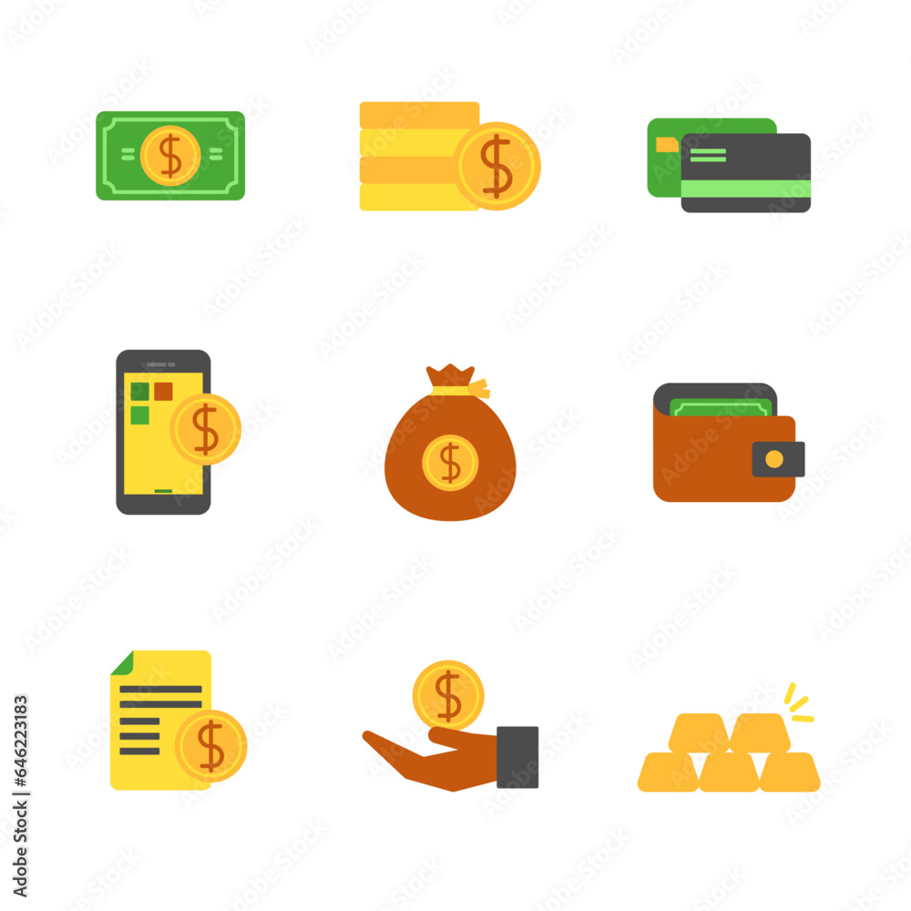 Set of money icons in flat style isolated on a white background Set of money icons in flat style isolated on a white background