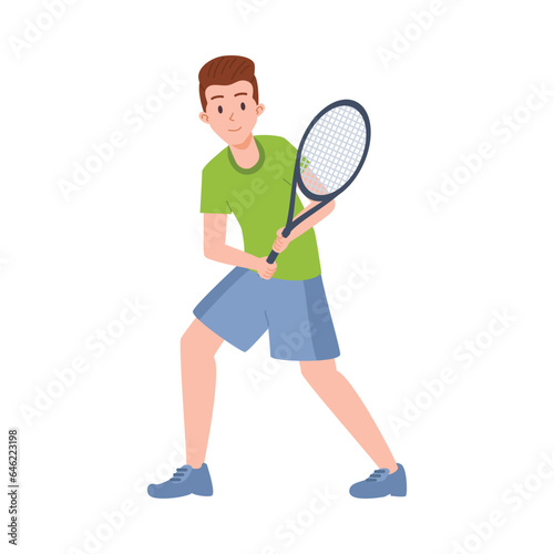 Vector Illustration of a young man in a sports uniform plays tennis, catches or hits the ball with a racket, isolated on white background © sabelskaya