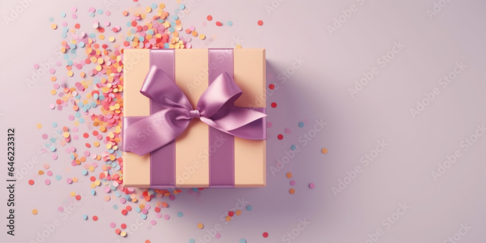 Gift box with satin ribbon bow on pale colorful background. Holiday gift with copy space. many golden confetti . Birthday or Christmas present, flat lay, top view