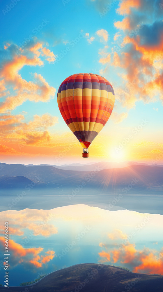 Hot air balloon in horizon sky, morning sunlight Hot air balloon in horizon sky, morning sunlight