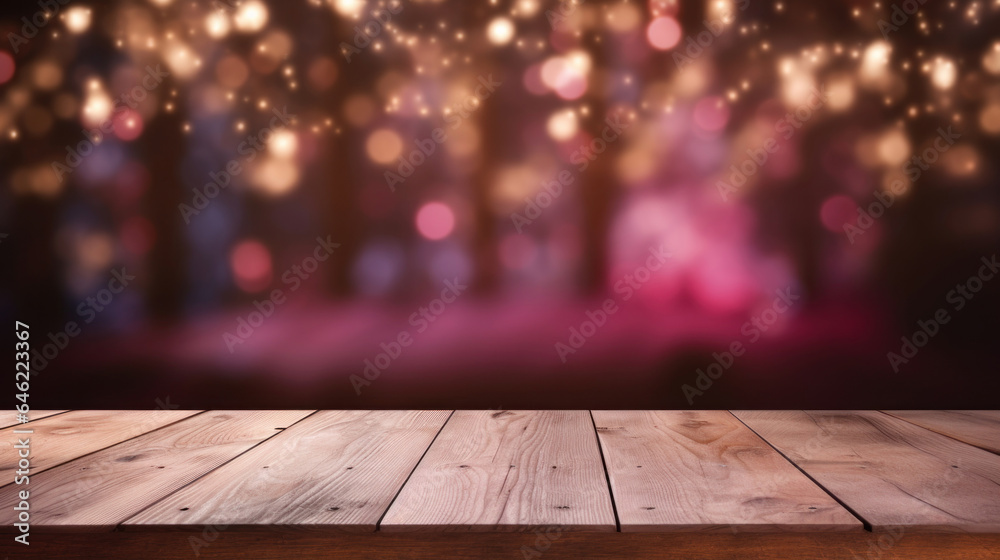 Empty old empty wooden table over magic pink Christmas background Empty old empty wooden table over magic pink Christmas background