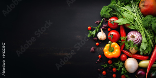 Fresh vegetables on black background. Variety of raw vegetables. Colorful various herbs and spices for cooking on dark background, copy space, banner
