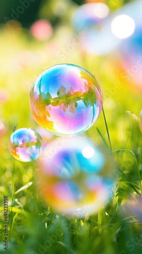 Hotograph soap colorful bubble on blur summer background