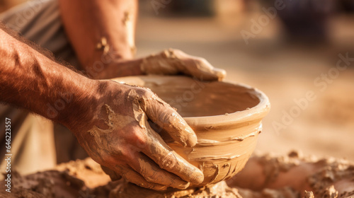 Close up man potters a clay bowl