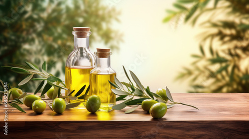 Olive oil and olive branch on the wooden table over nature background.