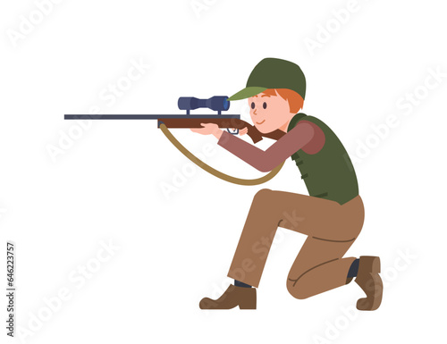 Vector cartoon illustration of man, hunter bent down on knee aiming, shooting at gun, rifle isolated on white background