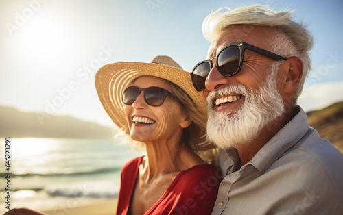 Happy smiling active senior couple, retired husband and wife having fun outdoors