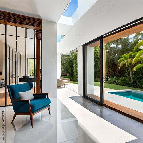 Beautiful entrance of house with cement and stone floors, tropical plants, windows, outdoor chair and table, white walls, blue sky located in Pinecrest, Miami-Dade.AI generated photo