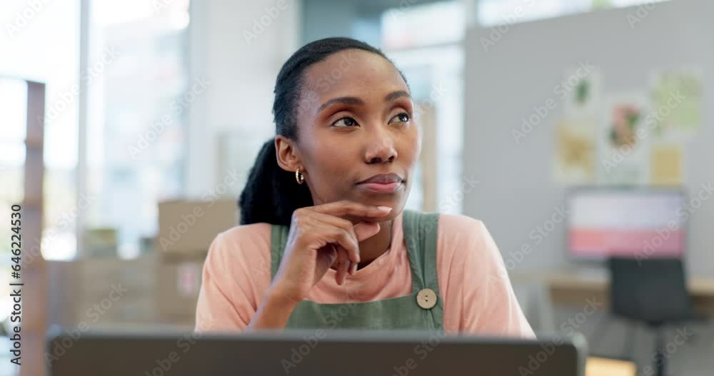 Laptop, thinking and black woman in home for remote work, problem solving or decision making. Planning, idea and African freelancer on computer, brainstorming and focus on challenge to research info Laptop, thinking and black woman in home for remote work, problem solving or decision making. Planning, idea and African freelancer on computer, brainstorming and focus on challenge to research info