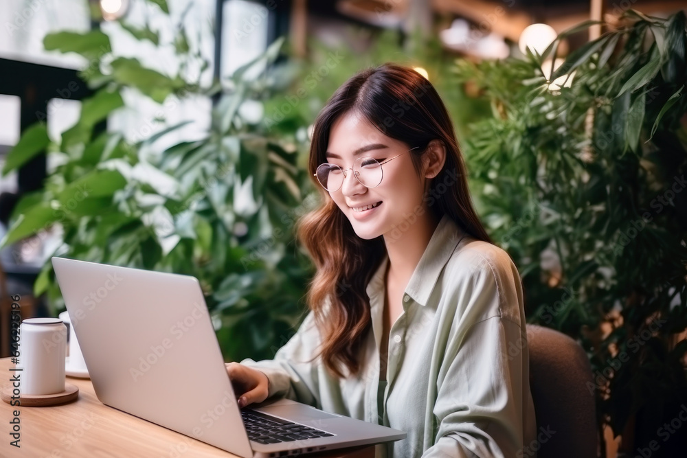 Asian japanese chinese student girl smile using notebook laptop, woman studying online hybrid learning in coworking third space Asian japanese chinese student girl smile using notebook laptop, woman studying online hybrid learning in coworking third space