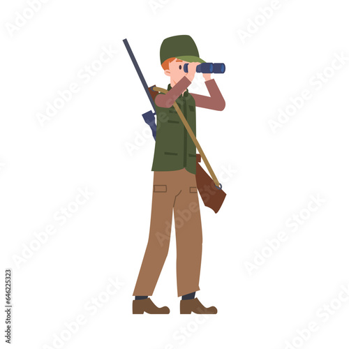 Vector illustration of man, hunter with gun standing and looking through binoculars isolated on white background