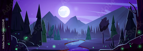 Night mountain forest landscape with river and pine tree. Full moon above wild evergreen woods nature silhouette panorama. Light reflection on water near beautiful alps environment at dark time